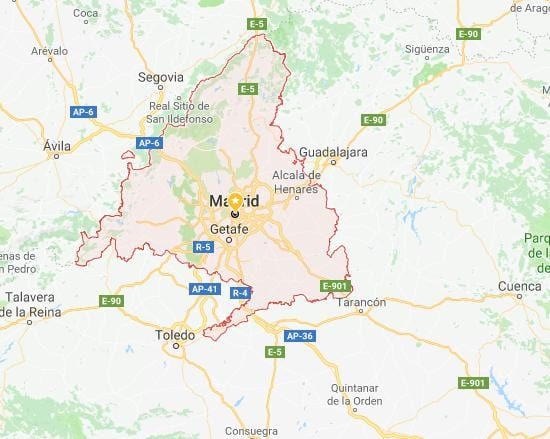 kort over Madrid og de omkringliggende byer