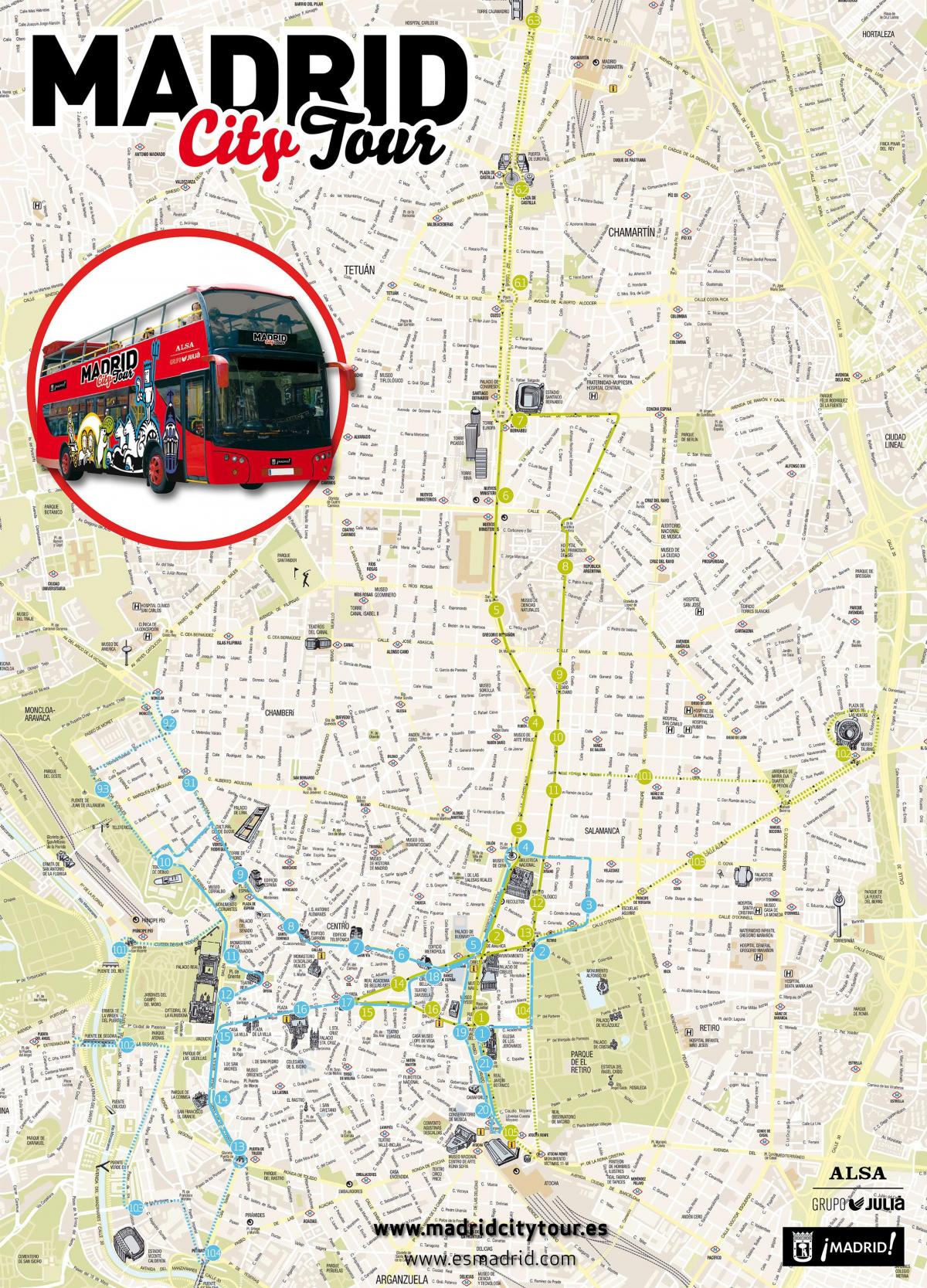Madrid city bus tour kort